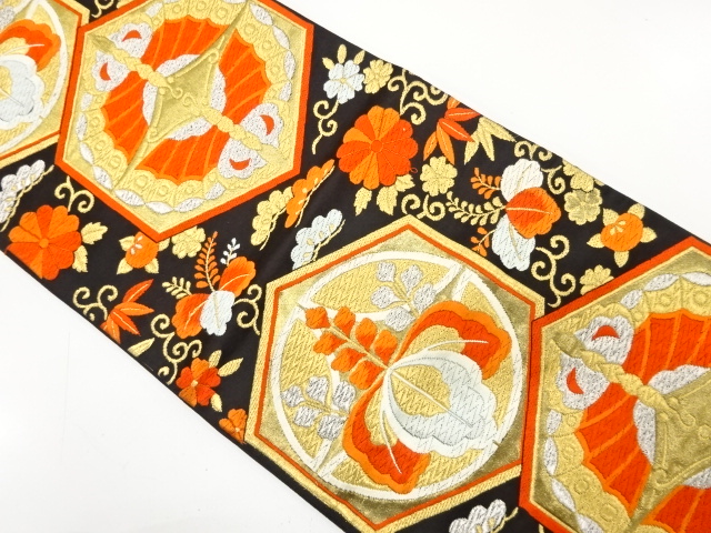 JAPANESE KIMONO / ANTIQUE FUKURO OBI / SILK / WOVEN PAULOWNIA & KIKU